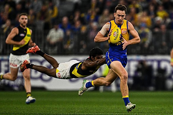 Eres mío: Cyril Rioli brindó uno de los momentos icónicos de la liga el año pasado cuando derrotó a Eagle Brady Hough.