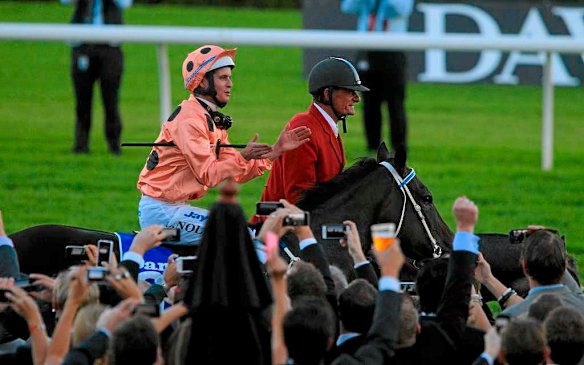 Black Caviar ridden by Luke Nolan after making history by winning the TJ Smith Stakes at Royal Randwick.