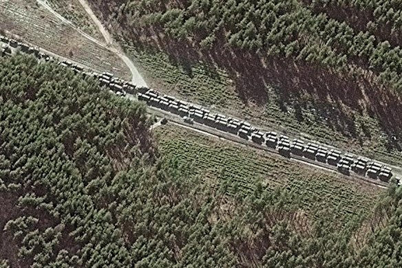 This satellite image shows the northern end of a convoy at the southeast of Ivankiv, north-west of Kyiv, Ukraine. Experts are not sure whether the convoy is stuck or is being held back for strategic purposes.