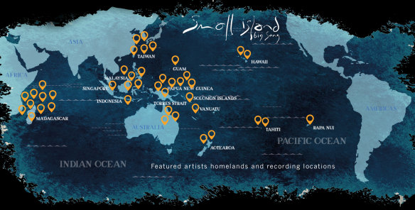 A map showing the island homelands of artists who took part in Small Island Big Song to raise awareness of the impact of climate change.