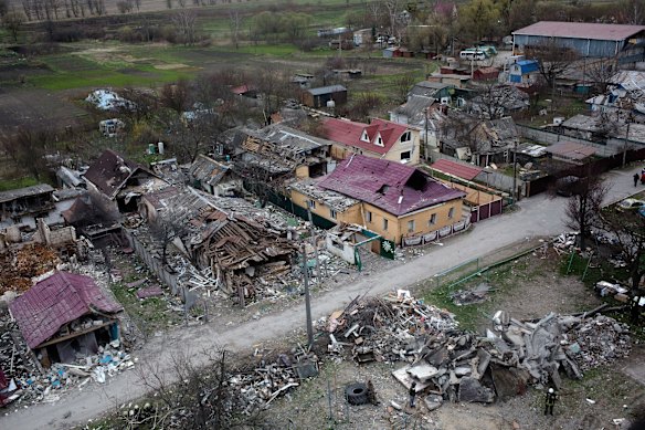 Homes lie in ruins in a residential area of Borodianka destroyed in the Russian onslaught. Rescue workers are still removing rubble after the attackers withdrew. 