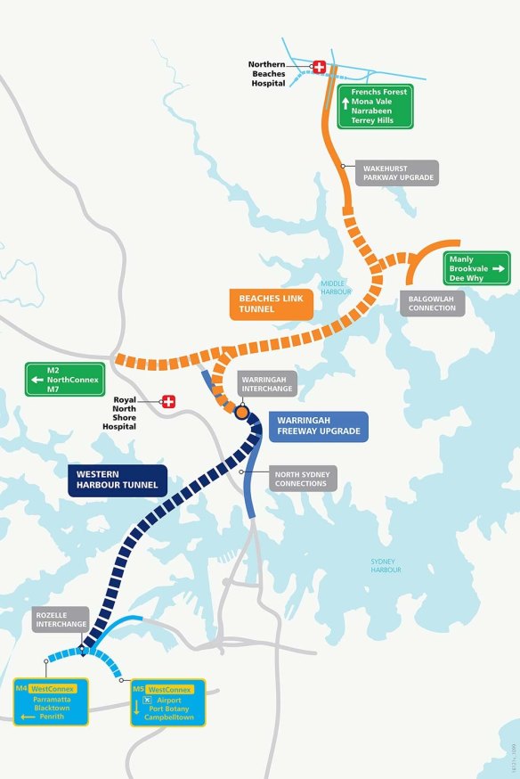 Proposed route of the Western Harbour Tunnel and Beaches Link.