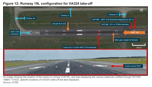 An excerpt from the Australian Transport Safety Bureau report showing the partially closed runway at Brisbane airport.