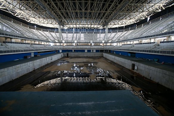 Inside the Olympic Aquatics stadium which was designed to be dismantled and the materials reused in new facilities.