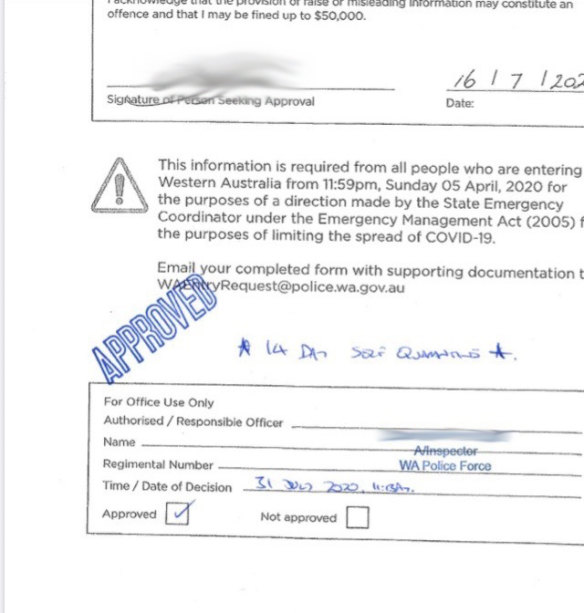 An excerpt from an exemption received by a FIFO worker to enter WA.