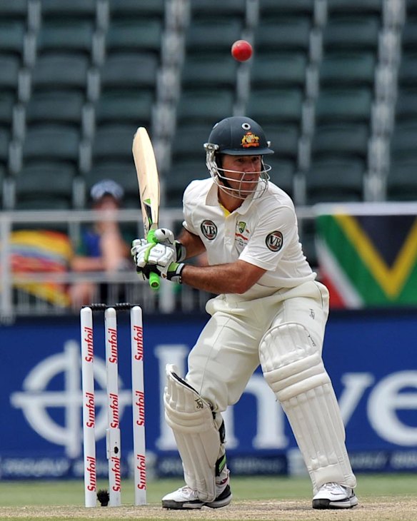 Ponting appears rather confused as he prepares to negotiate this delivery.