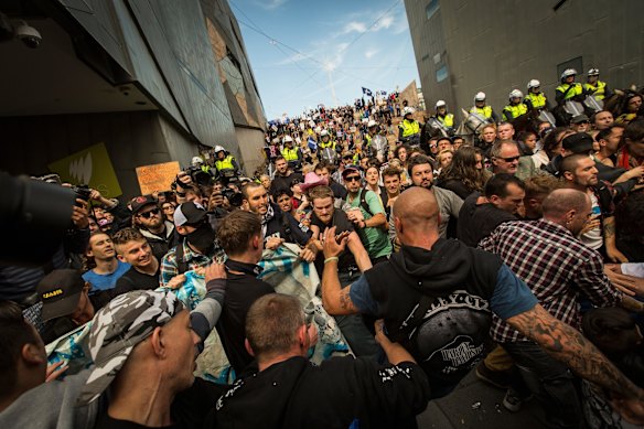 Rally against racism protesters clash with Reclaim Australia protesters at Federation Square in April.