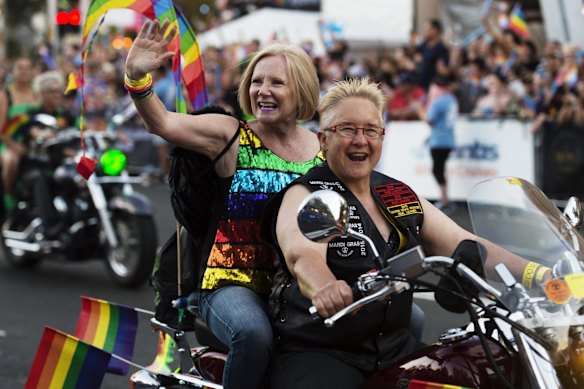 The Dykes on Bikes mark the start of the parade. Photo: James Brickwood