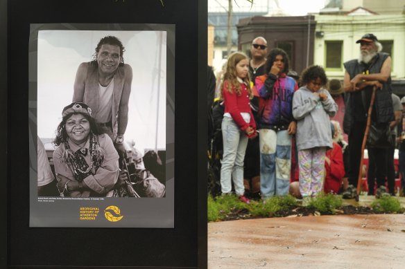 A photo of Archie Roach and Ruby Hunter on display during the launch of their statue in Fitzroy on Saturday. 