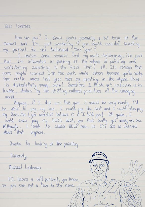 The Archibald Prize 2013 Michael Lindeman, Dear Trustees (Self Portrait) 2013 Pencil and acrylic on canvas 204 x 142cm