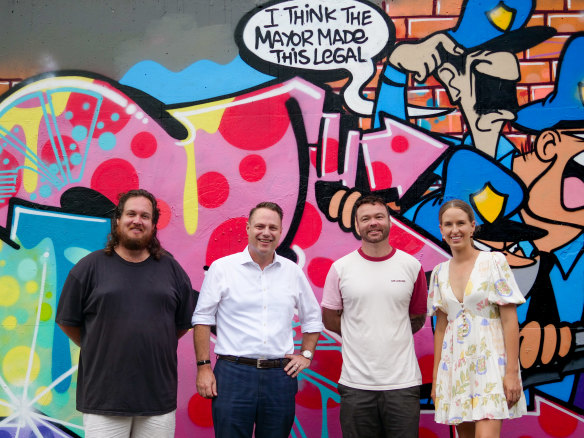 (From left): Tervo, Lord Mayor Adrian Schrinner, muralist Fintan Magee and Lisa Atwood, councillor for Doboy Ward, at the launch of Brisbane’s second legal public art wall in Tingalpa.