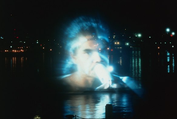 Melbourne Moomba Festival March, 1998. New Aquascreen Show with film images projected on to a curtain of water, over the Yarra river.