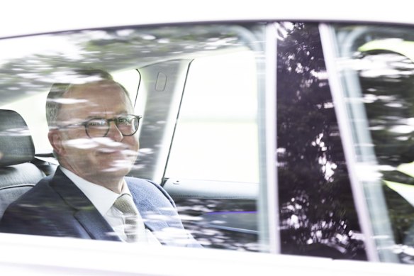 Opposition Leader Anthony Albanese departs after a doorstop interview after a visit to a pre poll booth in Strathpine, Queensland.