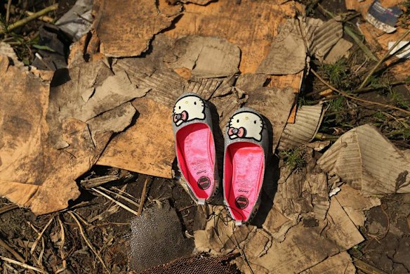 A pair of hello kitty shoes lay at one of the sites where the front section of Malaysian flight MH17 crashed and the pilots bodies where found.