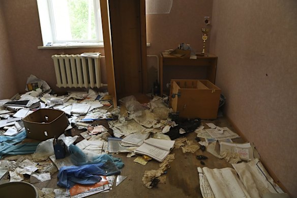 Rubbish, including human faeces, left behind by Russian soldiers during their retreat at a school used as a base, and where they held 371 people prisoner in the basement for 25 days.