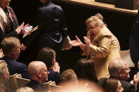 Sue Pieters-Hawke departs after the state memorial service for former Prime Minister Bob Hawke at the Sydney Opera House on Friday 14 June 2019.