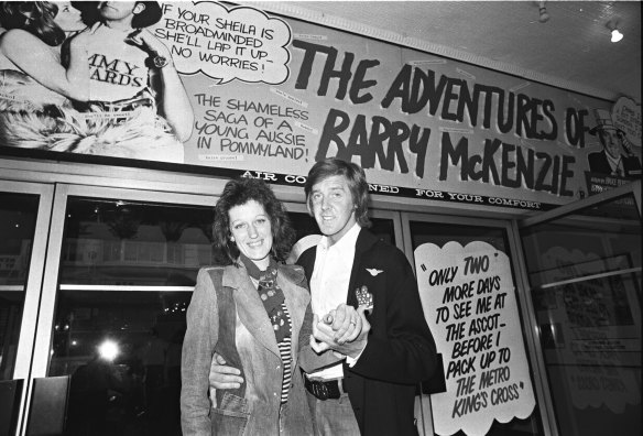 Germaine Greer and Barry Crocker attend a screening of The Adventures of Barry McKenzie at the Ascot Theatre in Sydney on December 13, 1972.