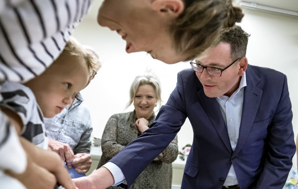Premier Daniel Andrews and Health Minister Jill Hennessy meet Alice and her two-year-old son Jack Turner at the Royal Children's Hospital on Sunday. 