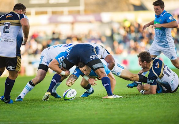 Blues' inside centre Sonny Bill Williams loses the ball close to the Brumbies' tryline. 