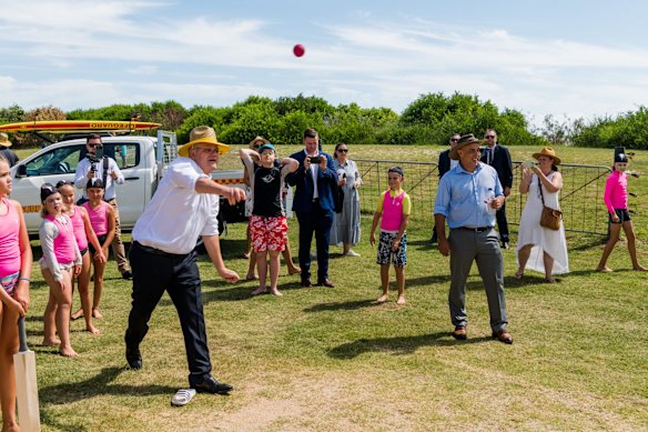 Bowled over: The Prime Minister during a cricket match on Bribie Island. 