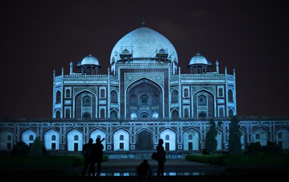 Humayun's Tomb was lit up in blue to mark World Autism Day in New Delhi, India on April 2, 2013.
