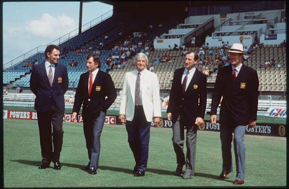 Standing out: Richie splits fellow commentators Greg and Ian Chappell (left) and Bill Lawry and Tony Greig.