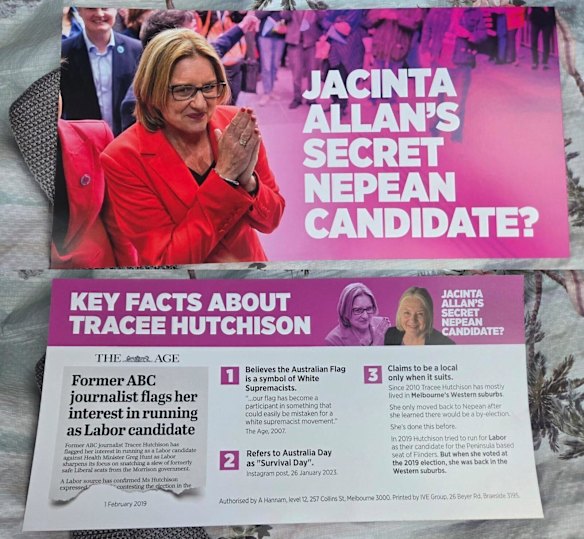 The Victorian Liberal Party’s pamphlet against Tracee Hutchison, the independent candidate in Nepean.