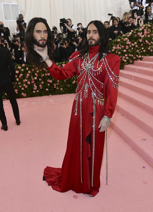 Jared Leto, holding a model of his own head, attends The Metropolitan Museum of Art's Costume Institute benefit gala celebrating the opening of the "Camp: Notes on Fashion" exhibition.