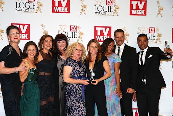 The cast of <i>Wentworth</i> celebrate their win for Most Outstanding Drama Series.