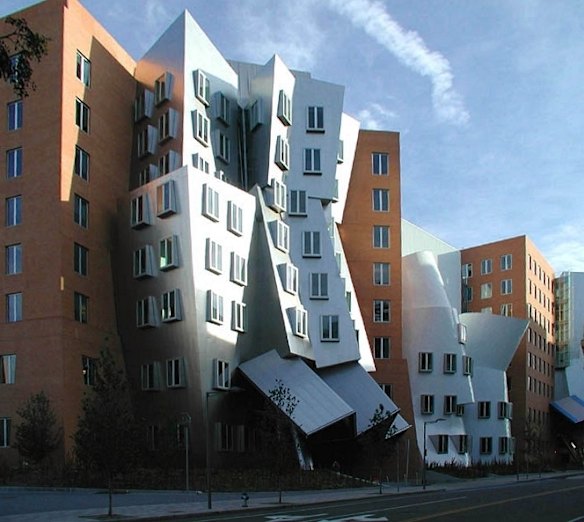 RAY AND MARIA STATA CENTRE, BOSTON: With its wandering walls, random curves, colliding facades and tilting columns, this Massachusetts Institute of Technology (MIT) building is as disorienting as a funfair house, and looks as if it's about to collapse. The deconstructivist design by Frank Gehry mixes brick, glass, metal and paintwork, so the eye never really settles in one place. One critic called the building's whimsical outline a "crinkled sculpture".