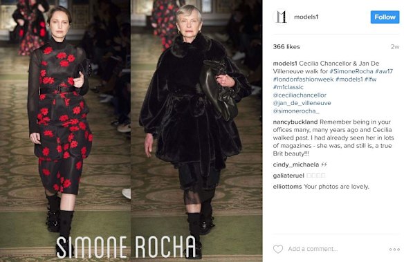 Cecilia Chancellor, 50, and Jan de Villeneuve, 60, walked for Simone Rocha at London Fashion Week in 2017.