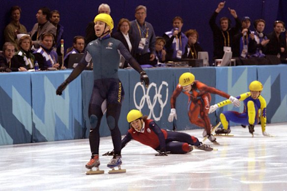 Last Man Standing ... Steve Bradbury crosses the finish line to win Australia's first Winter Olympics gold in remarkable circumstances in 2002.