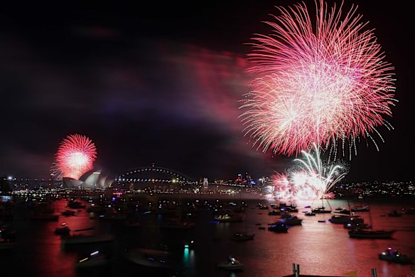 The 9pm New Year's Eve fireworks on Sydney Harbour, viewed from Mrs Macquarie's Chair.