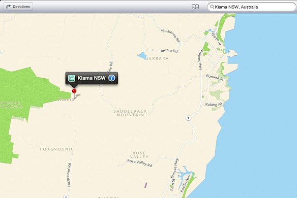 Where Apple Maps think Kiama is located in NSW.
