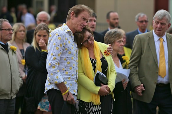 Rosie Batty says goodbye to her son Luke Batty at his funeral. 