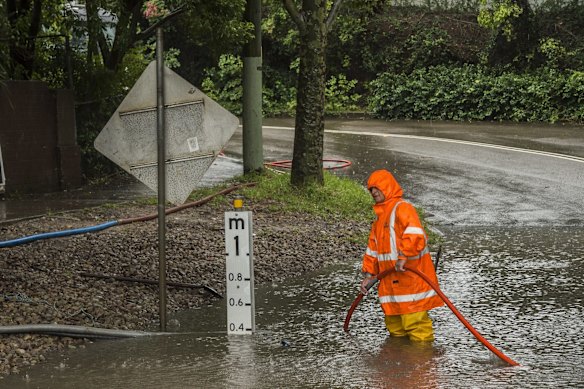 Flooded road in Leichhardt earlier on Saturday.