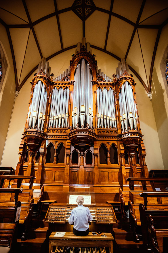 Organist Douglas Lawrence playing the organ he designed at Scots’ Church in Melbourne.