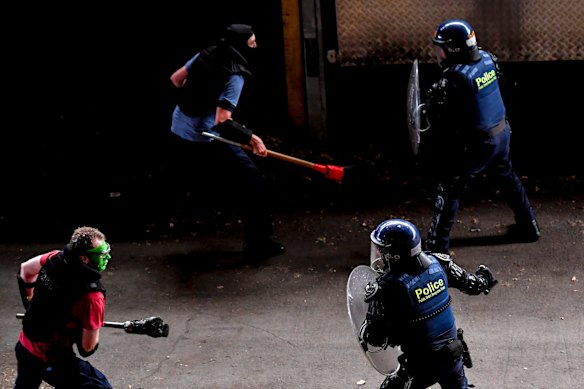Training demonstration with the Public Order Response Team, Victoria Police in Melbourne.