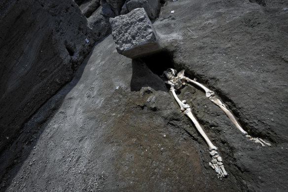 The legs of a skeleton protrude from beneath a large rock believed to have crushed the victim's head and chest during the eruption of Mount Vesuvius, which destroyed the ancient town of Pompeii in AD79.