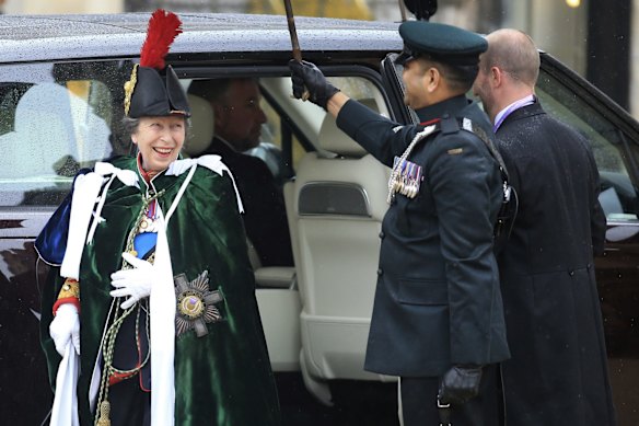 Princess Anne arrives at Westminster Abbey for the coronation of her brother, King Charles III.