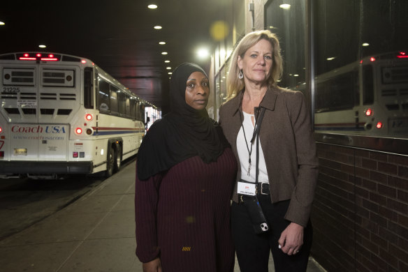 Team TLC NYC volunteer Ilze Thielmann and immigration activist Adama Bah at New York’s Port Authority Bus Terminal, where they greet migrants arriving from the southern border.