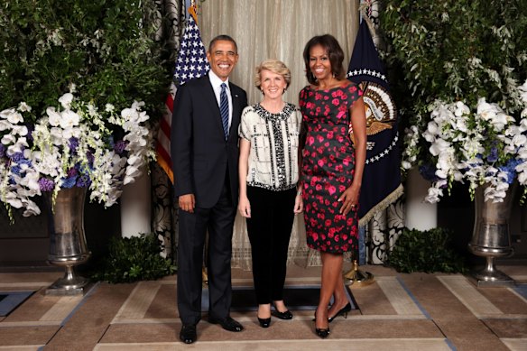 President Barack Obama and First Lady Michelle Obama greet The Hon. Julie Bishop, M.P., The Minister for Foreign Affairs of Australia, during the United Nations General Assembly reception at the Waldorf Astoria Hotel in New York, N.Y. in 2013. 