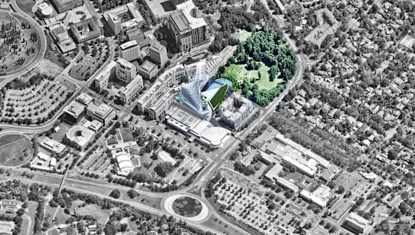 Aerial shot of the Casino Canberra rebuild including the pitched green roof of the casino connecting with a proposed wetlands in Glebe Park.