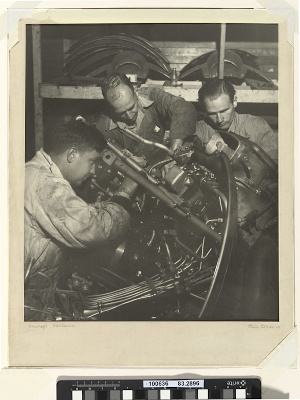 Aircraft mechanics, 1945, by Olive Cotton. Gelatin silver photograph. National Gallery of Australia, Canberra. Purchased 1983.