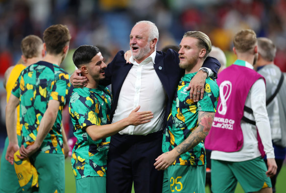 “I always say to the boys, ‘Have a laugh before you go to sleep, listen to popular music that you like, and make yourself happy before you go to sleep’,” says Socceroos coach Graham Arnold, pictured after the team beat Denmark in Qatar on Thursday.