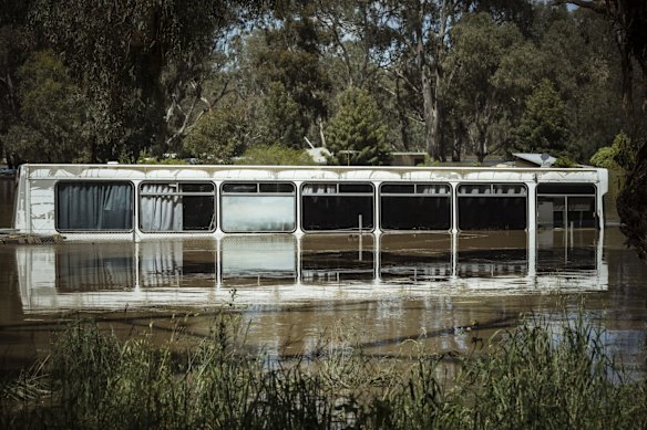 Floodwaters inundate the caravan park at Murchison. 