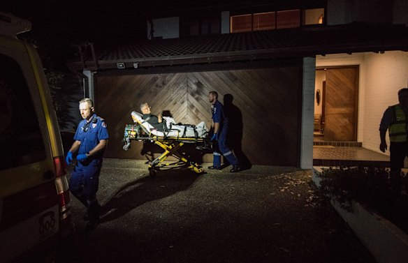 1:10am. NSW Ambulance Paramedics Eugene Roser (left) and Gareth Garne arrive at a home in Bellevue Hill to treat an 82 year old diabetic male with stroke like symptoms, low blood sugars and a drooping right side of the face. He was stabilised and transported to St Vincent's Hospital.