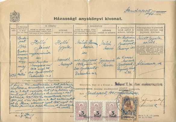 Tim Hollo's paternal grandparents' Hungarian wedding certificate, which was needed to renounce his citizenship.