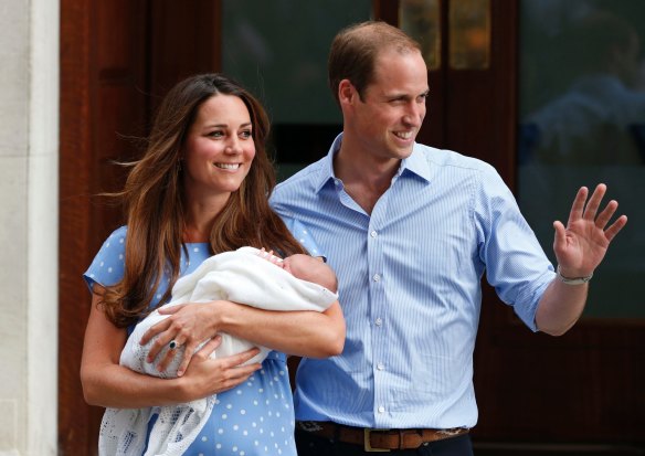 Catherine, Duchess of Cambridge, with Prince William and a newborn Prince George in 2013.