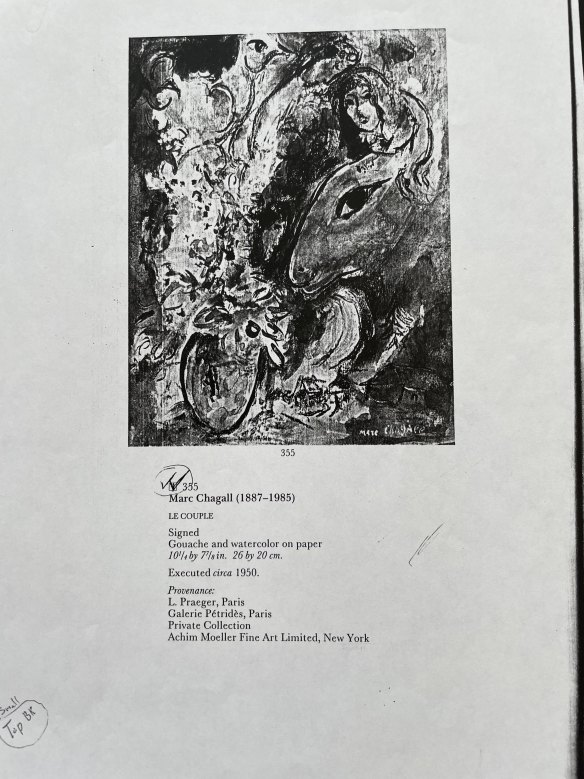 Sotheby’s auction catalogue identifying the page from the 1994 catalogue that advertised the work, a signed watercolor and gouache on paper titled Le couple au bouquet de fleurs.
